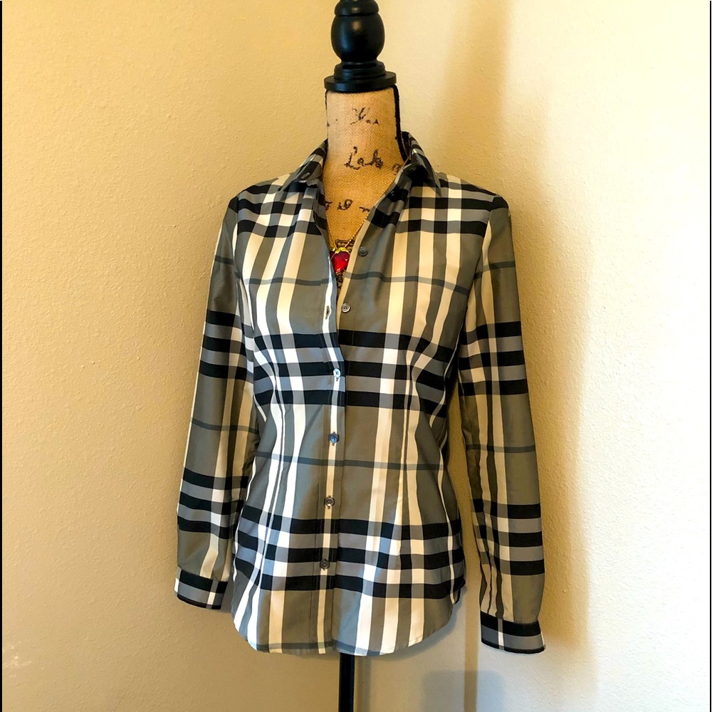 Burberry Plaid Shirt Grey Black White Size 4